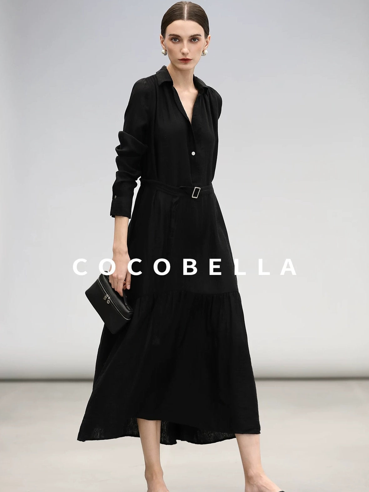 COCOBELLA Tencel Blend Pleated Belted A Line Shirt Dress Women Office Long Sleeve Shirts