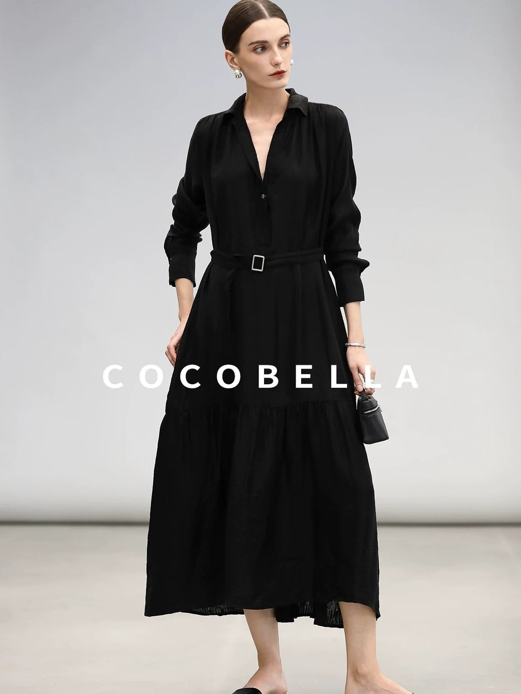 COCOBELLA Tencel Blend Pleated Belted A Line Shirt Dress Women Office Long Sleeve Shirts