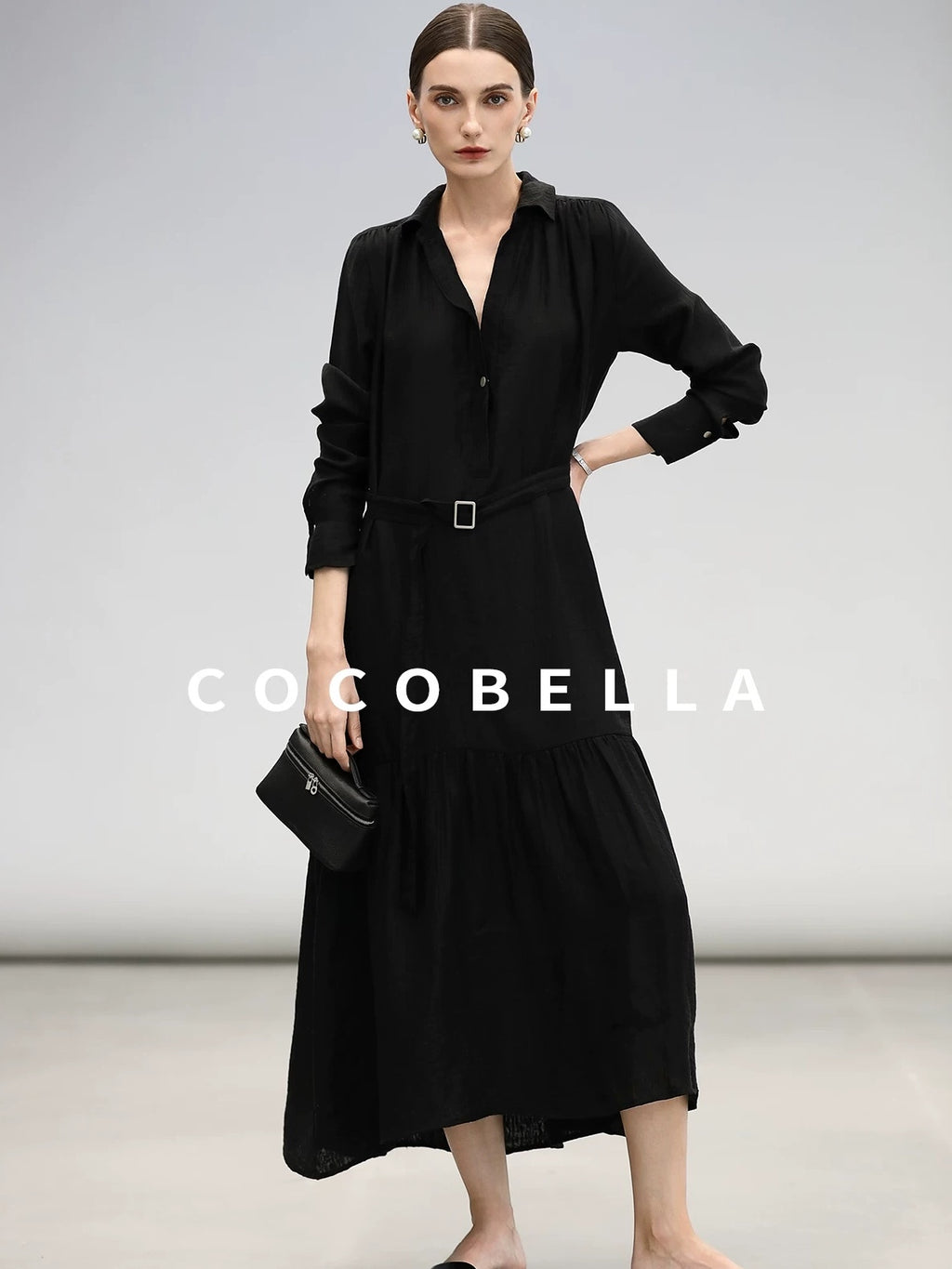 COCOBELLA Tencel Blend Pleated Belted A Line Shirt Dress Women Office Long Sleeve Shirts