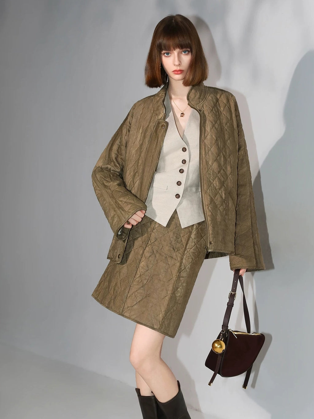 COCOBELLA Tencel Lyocell Quilted Topstitch Mid Waist Office Straight Hline Womens Skirts