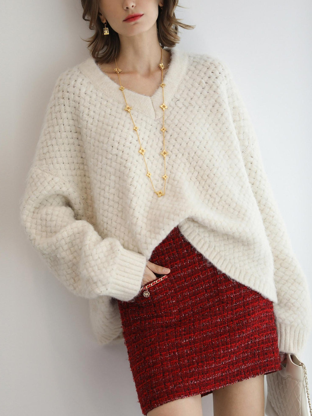 COCOBELLA Textured V Neck Loose Fit Office Chic Women Knit Acrylic Blend Sweater