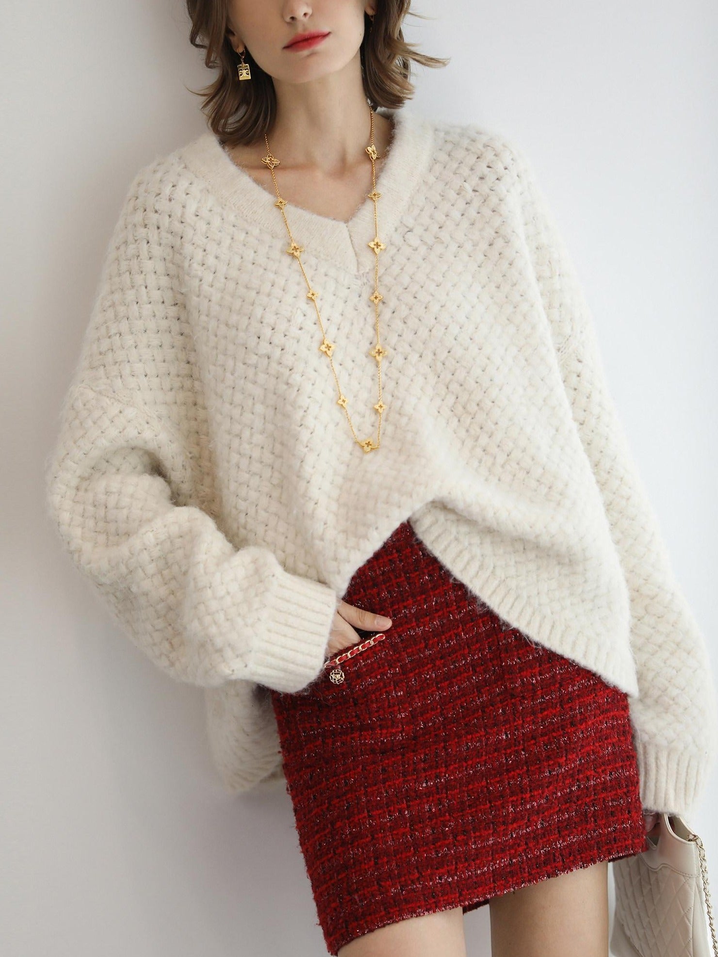 COCOBELLA Textured V Neck Loose Fit Office Chic Women Knit Acrylic Blend Sweater