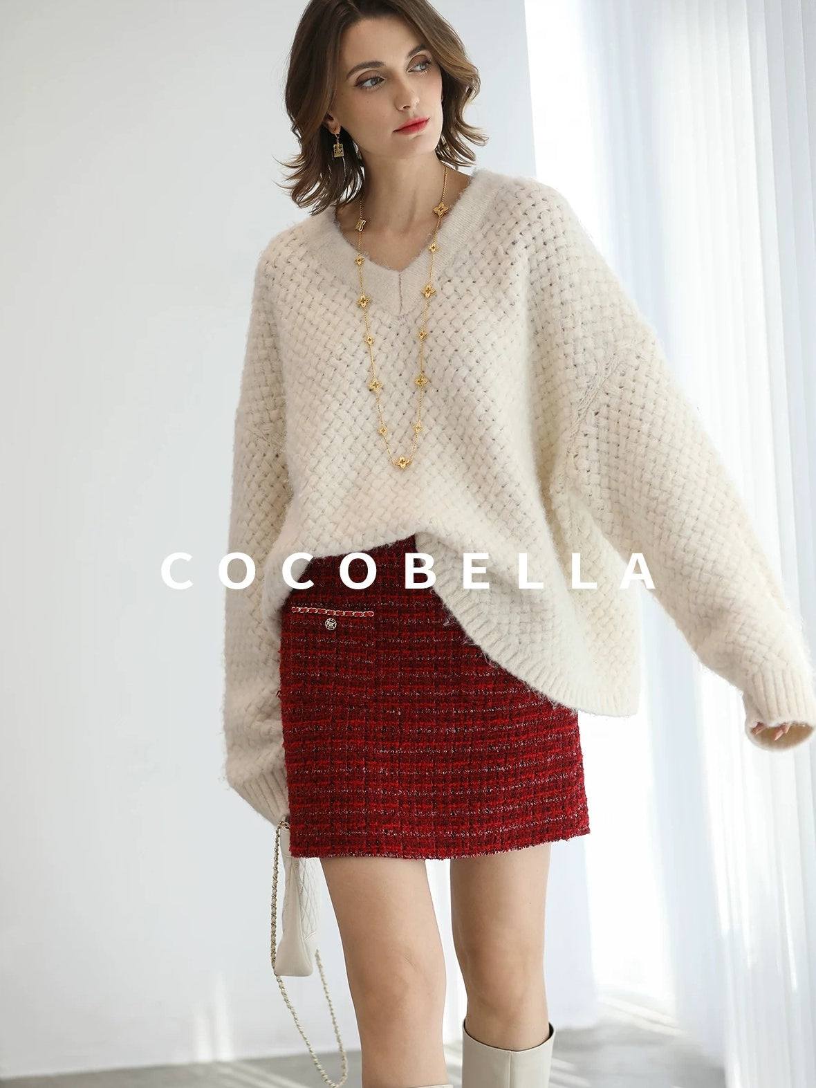 COCOBELLA Textured V Neck Loose Fit Office Chic Women Knit Acrylic Blend Sweater