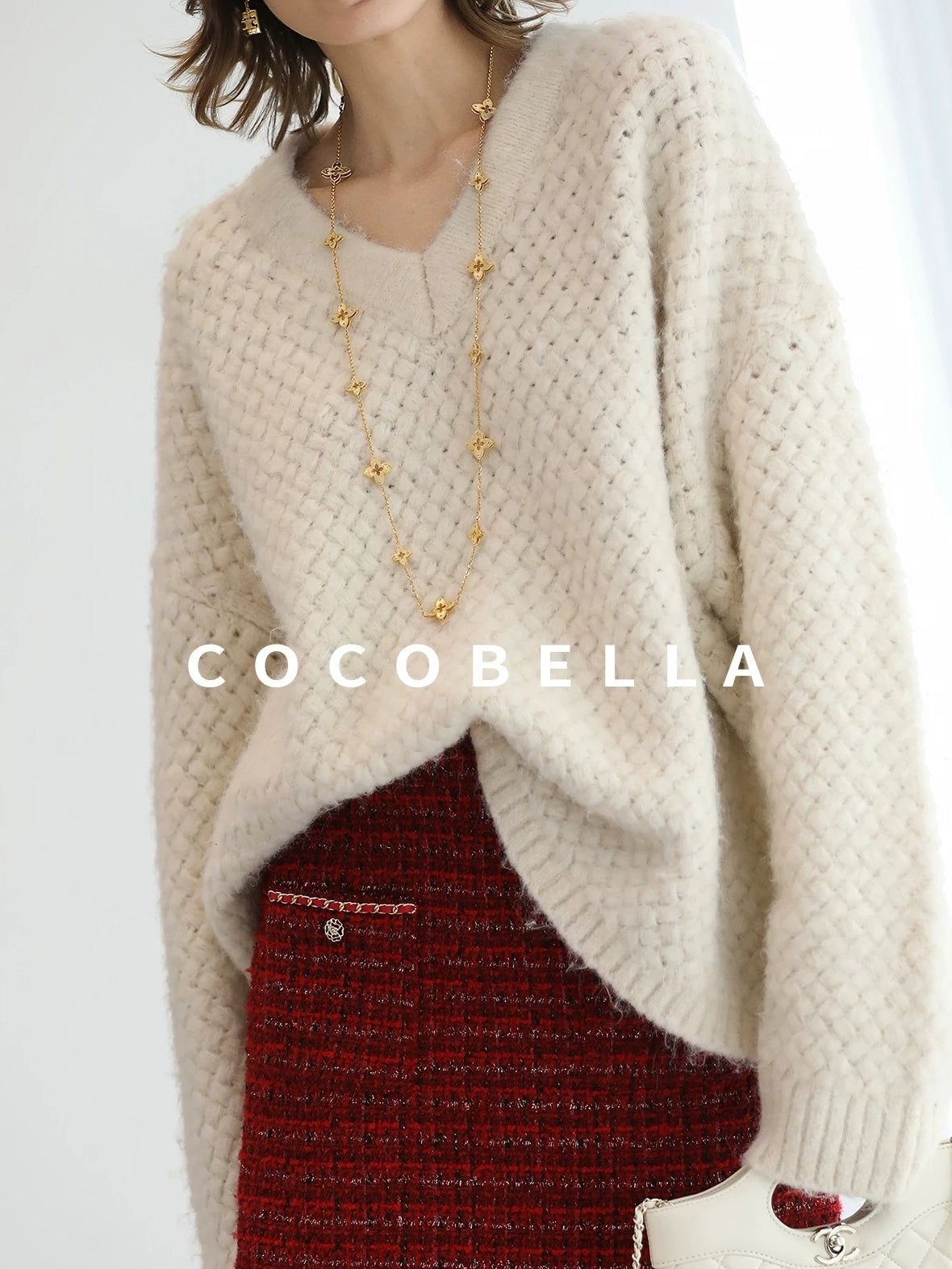 COCOBELLA Textured V Neck Loose Fit Office Chic Women Knit Acrylic Blend Sweater