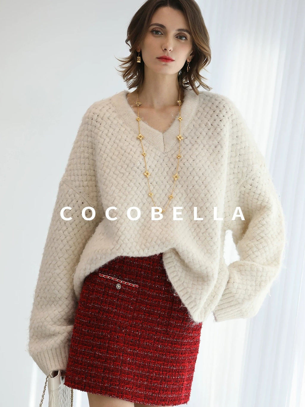 COCOBELLA Textured V Neck Loose Fit Office Chic Women Knit Acrylic Blend Sweater
