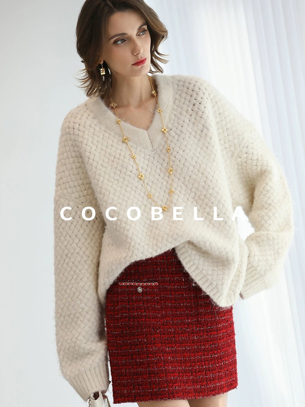 COCOBELLA Textured V Neck Loose Fit Office Chic Women Knit Acrylic Blend Sweater