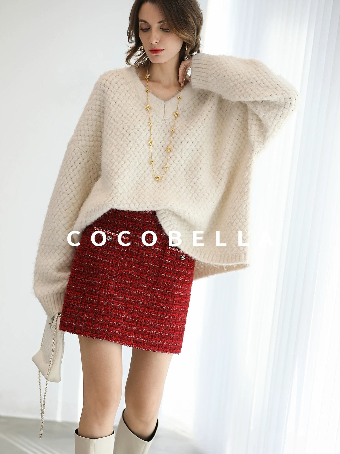 COCOBELLA Textured V Neck Loose Fit Office Chic Women Knit Acrylic Blend Sweater