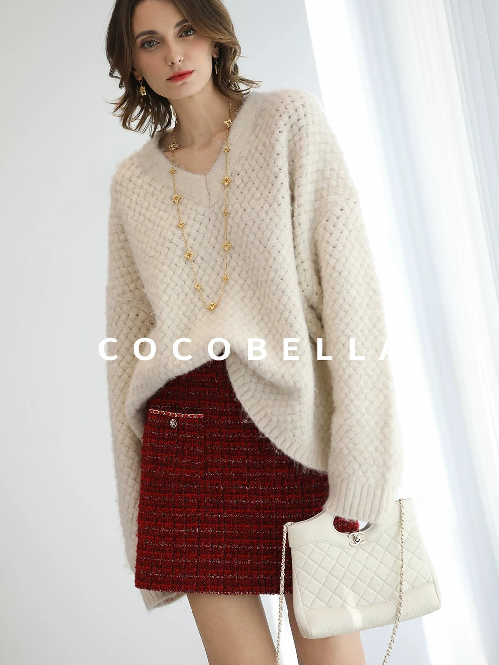 COCOBELLA Textured V Neck Loose Fit Office Chic Women Knit Acrylic Blend Sweater