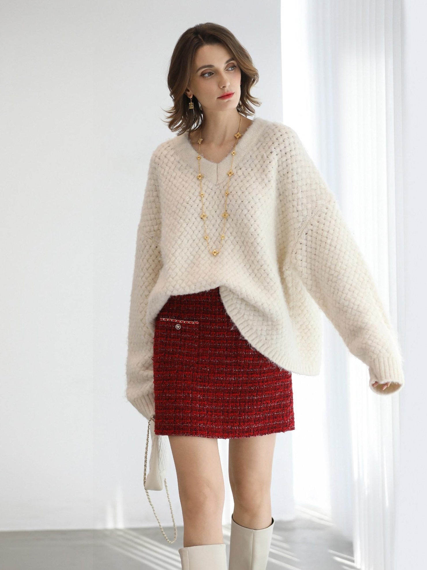 COCOBELLA Textured V Neck Loose Fit Office Chic Women Knit Acrylic Blend Sweater