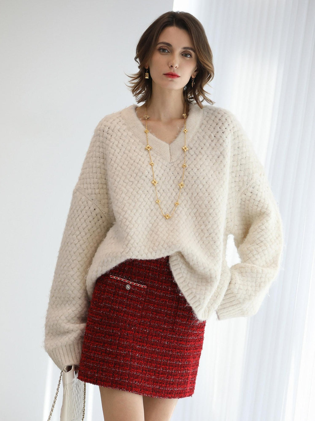 COCOBELLA Textured V Neck Loose Fit Office Chic Women Knit Acrylic Blend Sweater