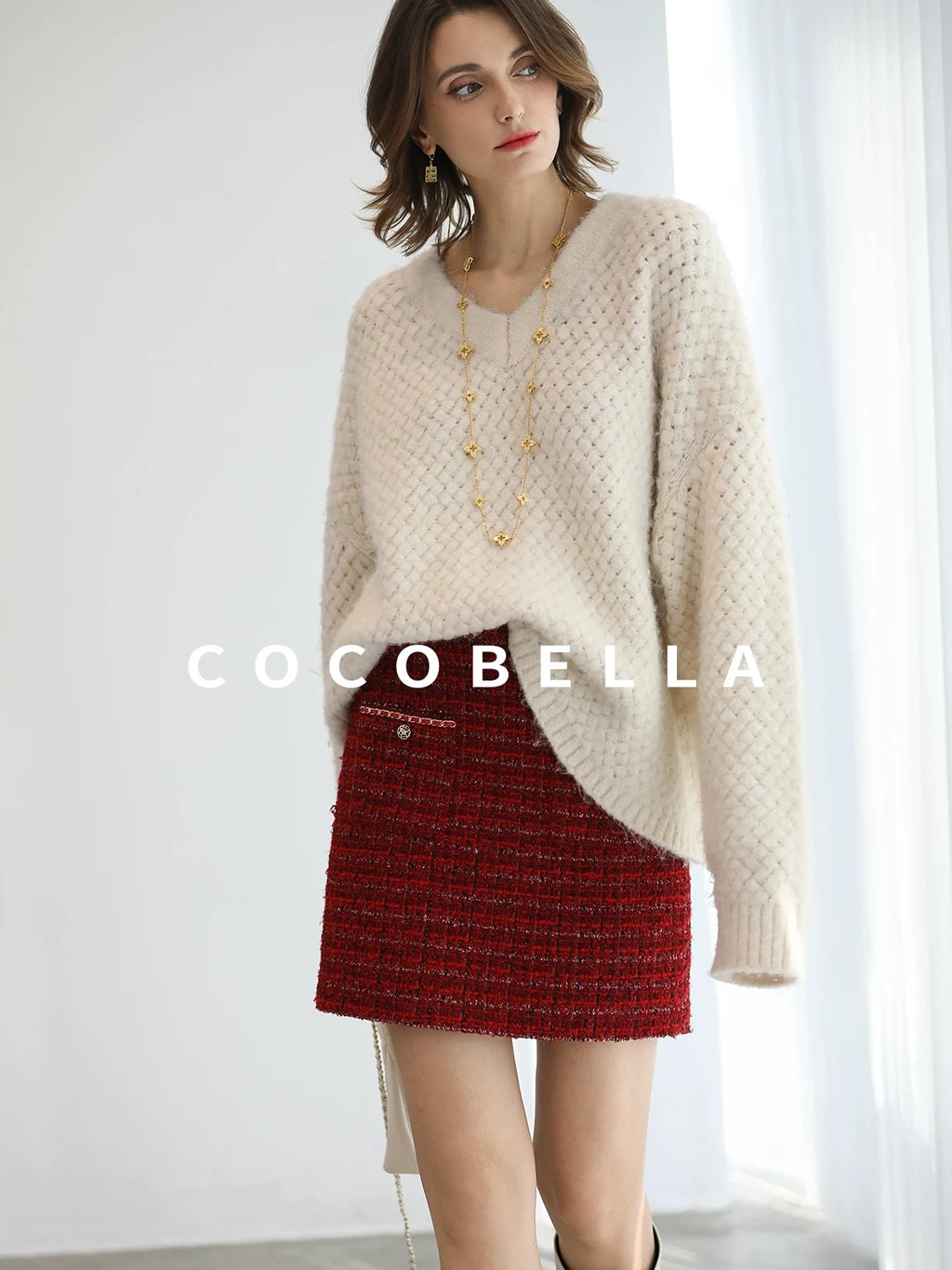 COCOBELLA Textured V Neck Loose Fit Office Chic Women Knit Acrylic Blend Sweater