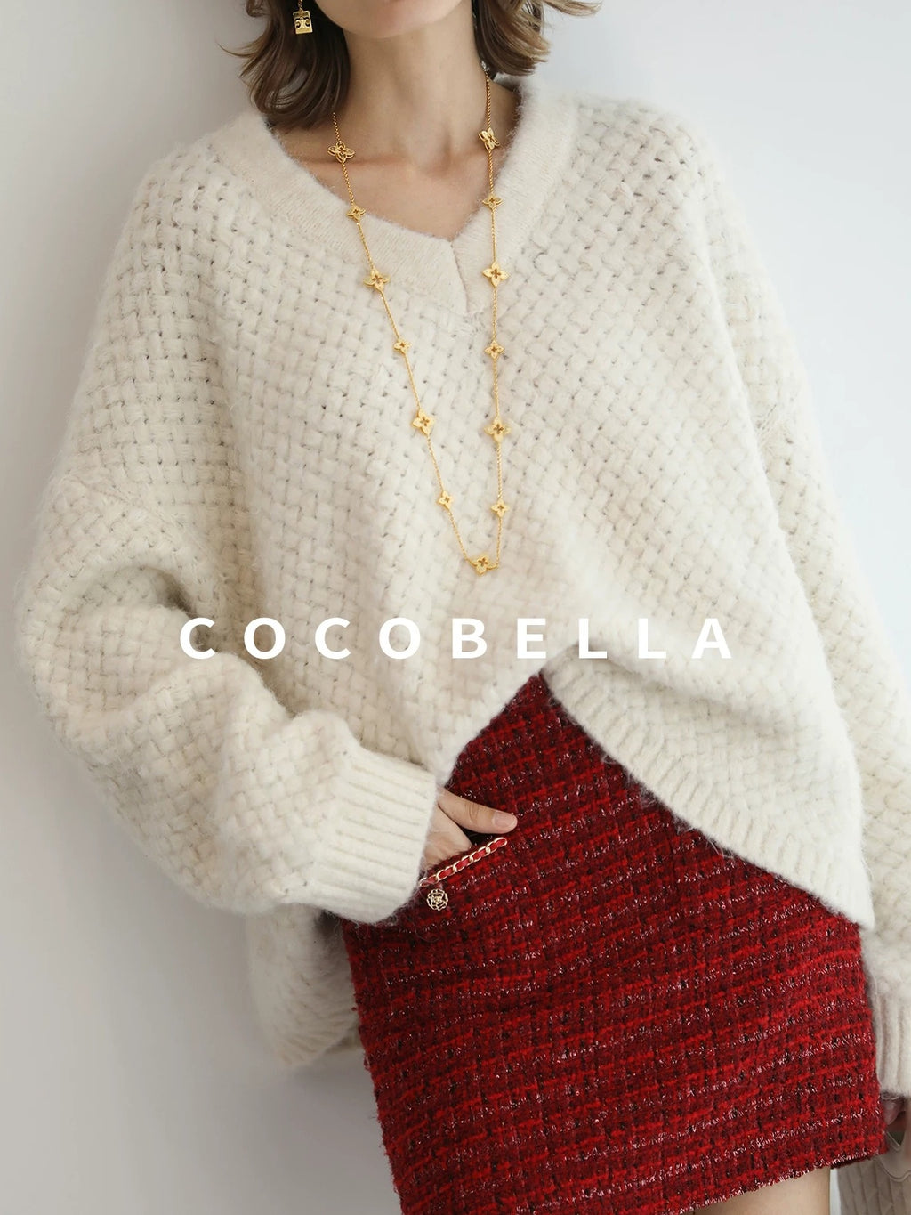 COCOBELLA Textured V Neck Loose Fit Office Chic Women Knit Acrylic Blend Sweater