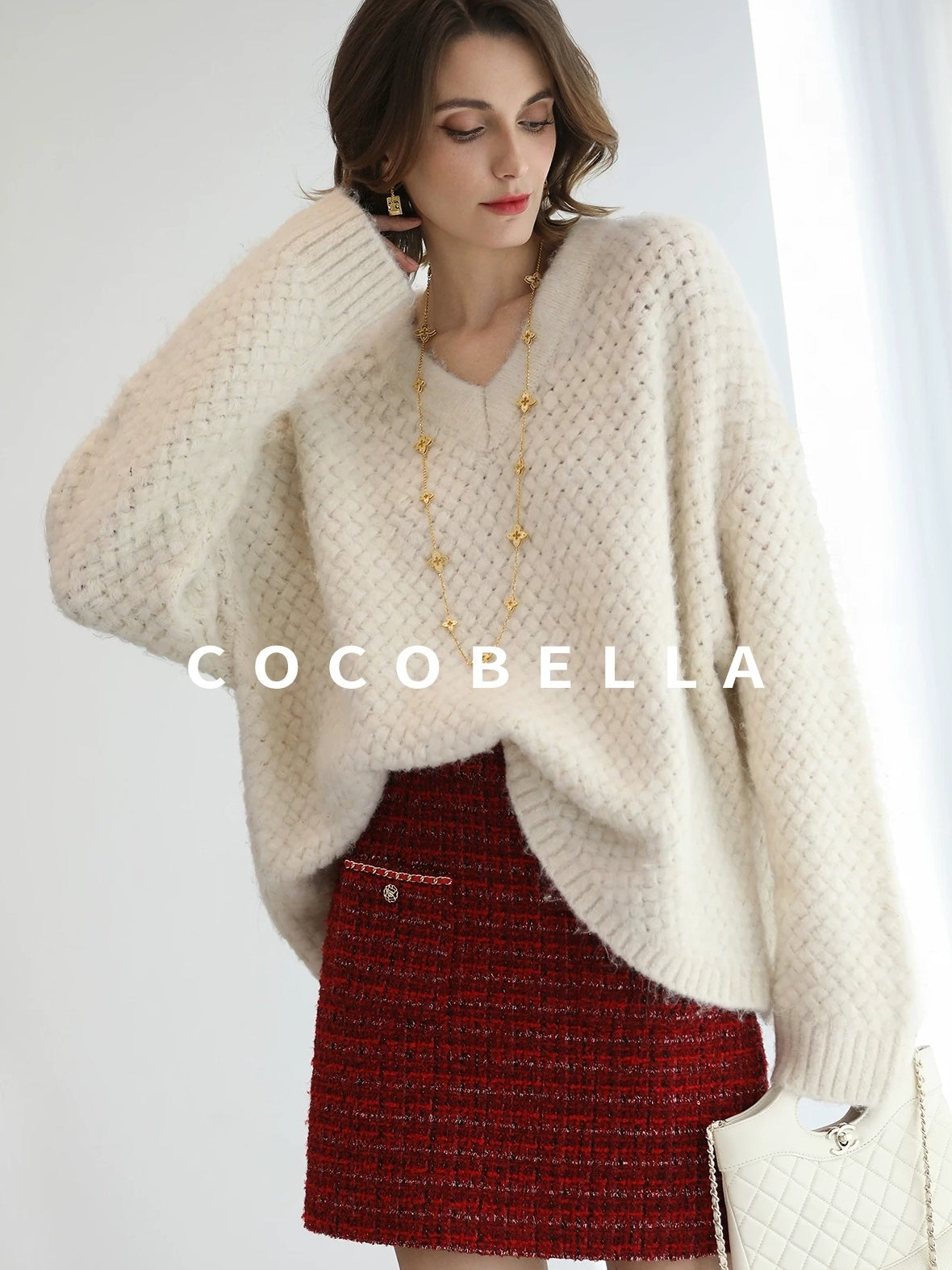 COCOBELLA Textured V Neck Loose Fit Office Chic Women Knit Acrylic Blend Sweater