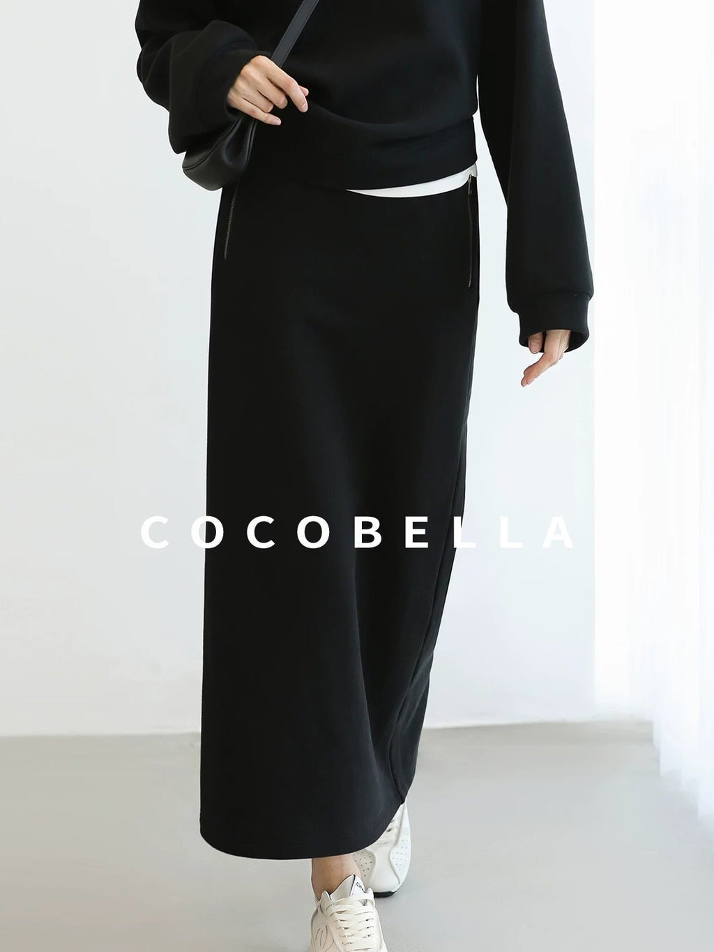COCOBELLA Thermal Cotton Blend Zipper Mid Waist Straight Office Women Black Skirts