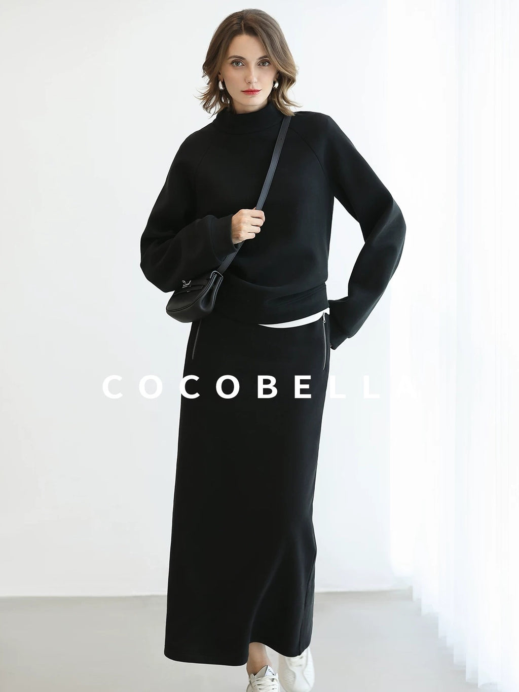 COCOBELLA Thermal Cotton Blend Zipper Mid Waist Straight Office Women Black Skirts