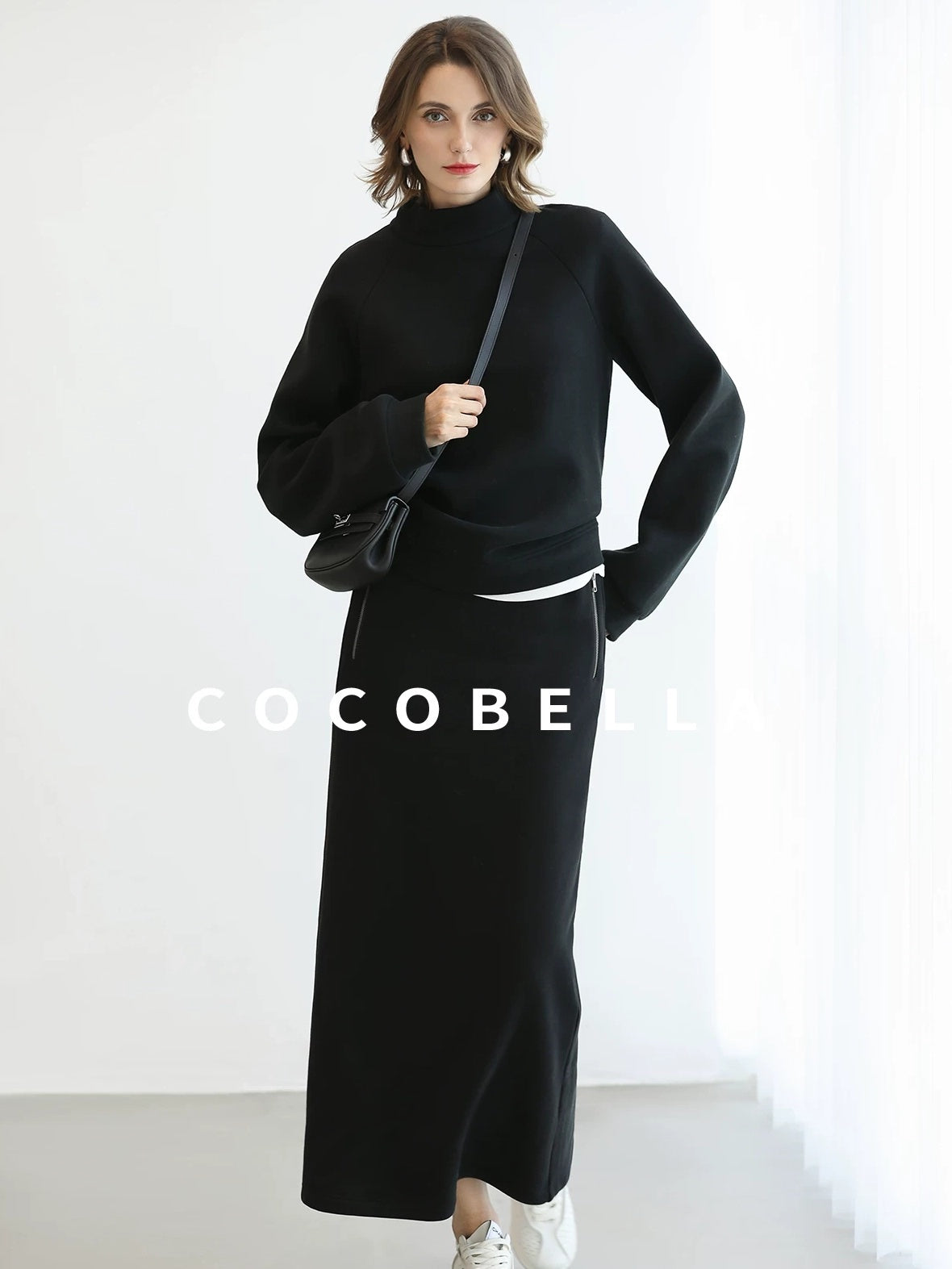 COCOBELLA Thermal Cotton Blend Zipper Mid Waist Straight Office Women Black Skirts