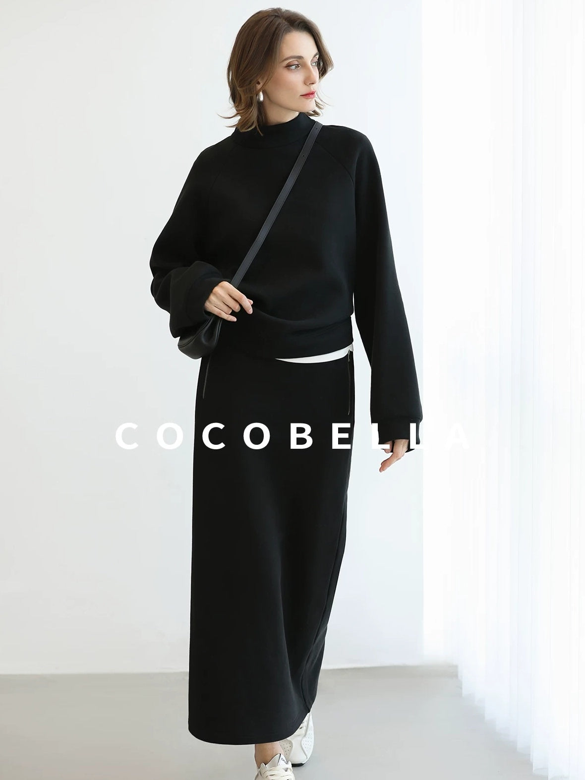 COCOBELLA Thermal Cotton Blend Zipper Mid Waist Straight Office Women Black Skirts