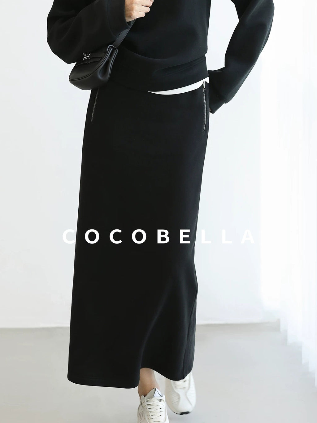 COCOBELLA Thermal Cotton Blend Zipper Mid Waist Straight Office Women Black Skirts
