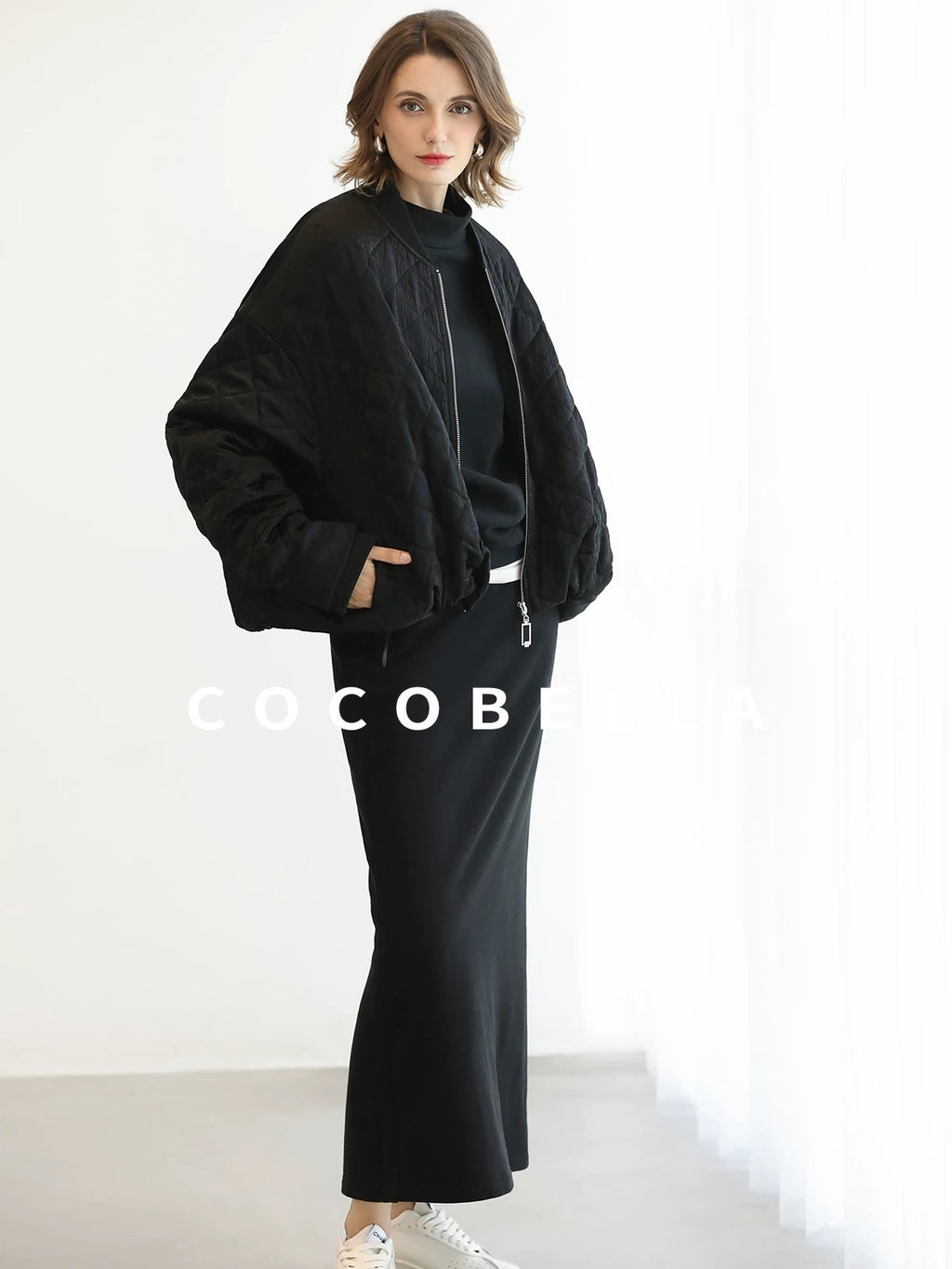 COCOBELLA Thermal Cotton Blend Zipper Mid Waist Straight Office Women Black Skirts