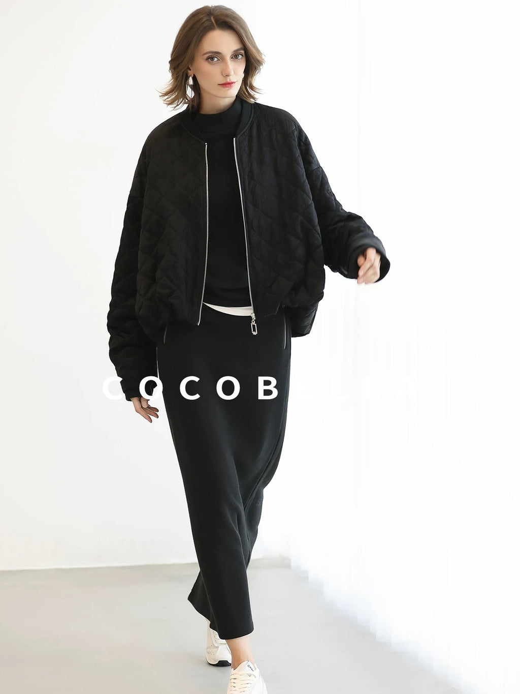 COCOBELLA Thermal Cotton Blend Zipper Mid Waist Straight Office Women Black Skirts