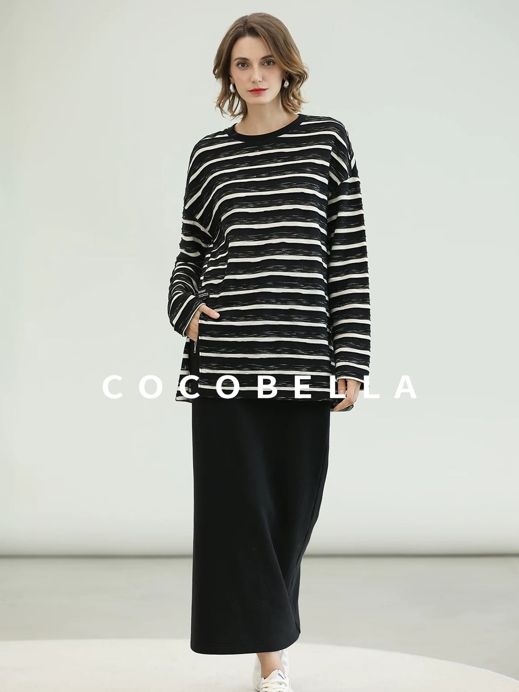COCOBELLA Thermal Cotton Blend Zipper Mid Waist Straight Office Women Black Skirts