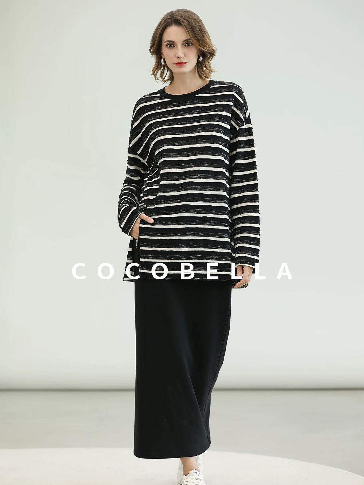 COCOBELLA Thermal Cotton Blend Zipper Mid Waist Straight Office Women Black Skirts