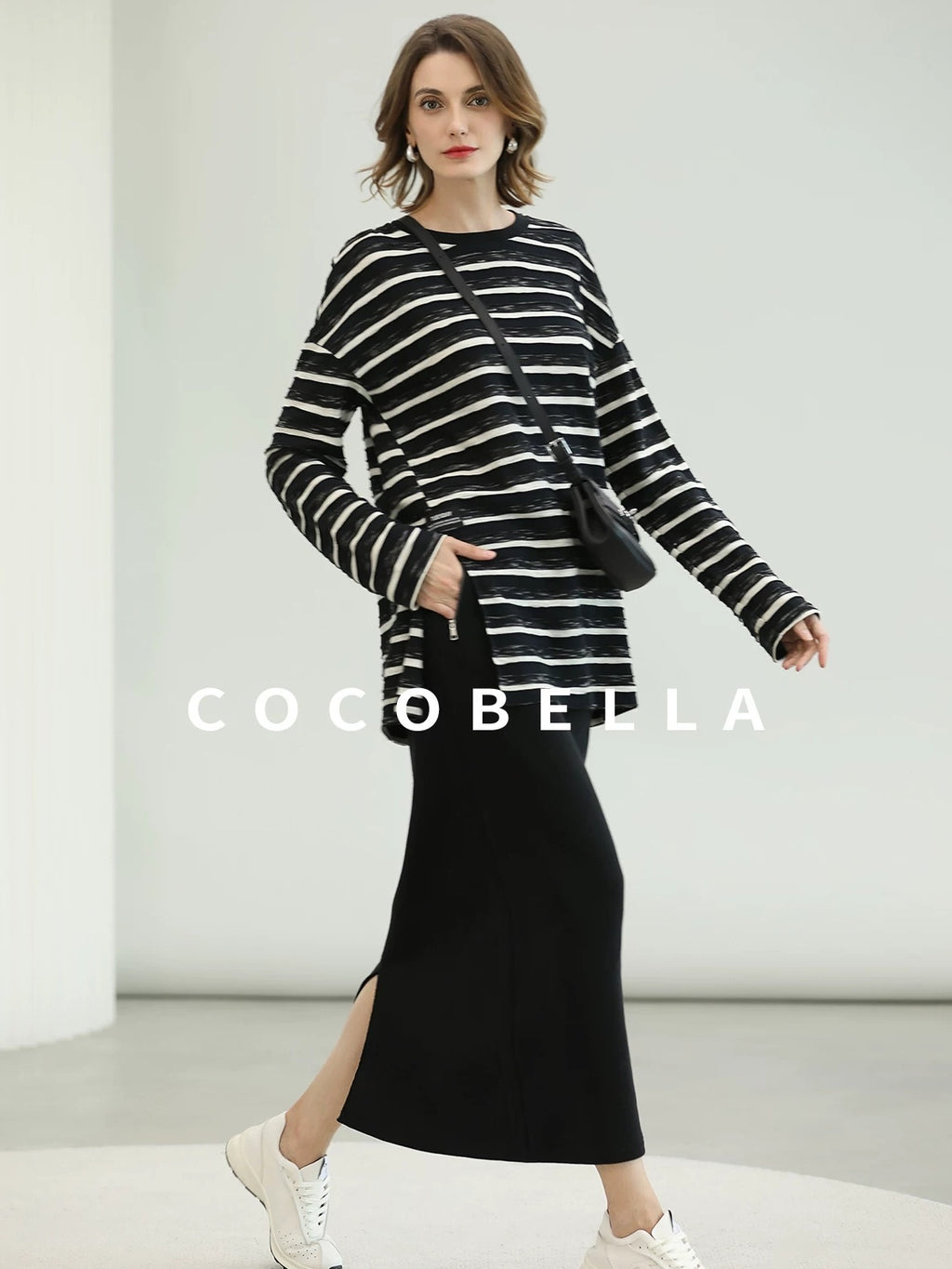 COCOBELLA Thermal Cotton Blend Zipper Mid Waist Straight Office Women Black Skirts