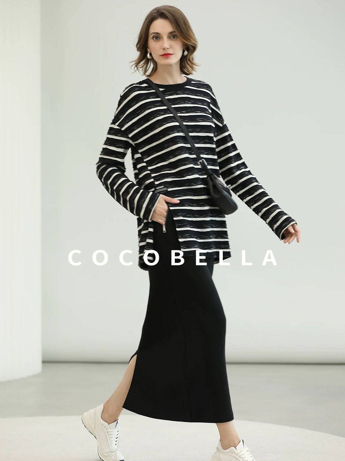 COCOBELLA Thermal Cotton Blend Zipper Mid Waist Straight Office Women Black Skirts