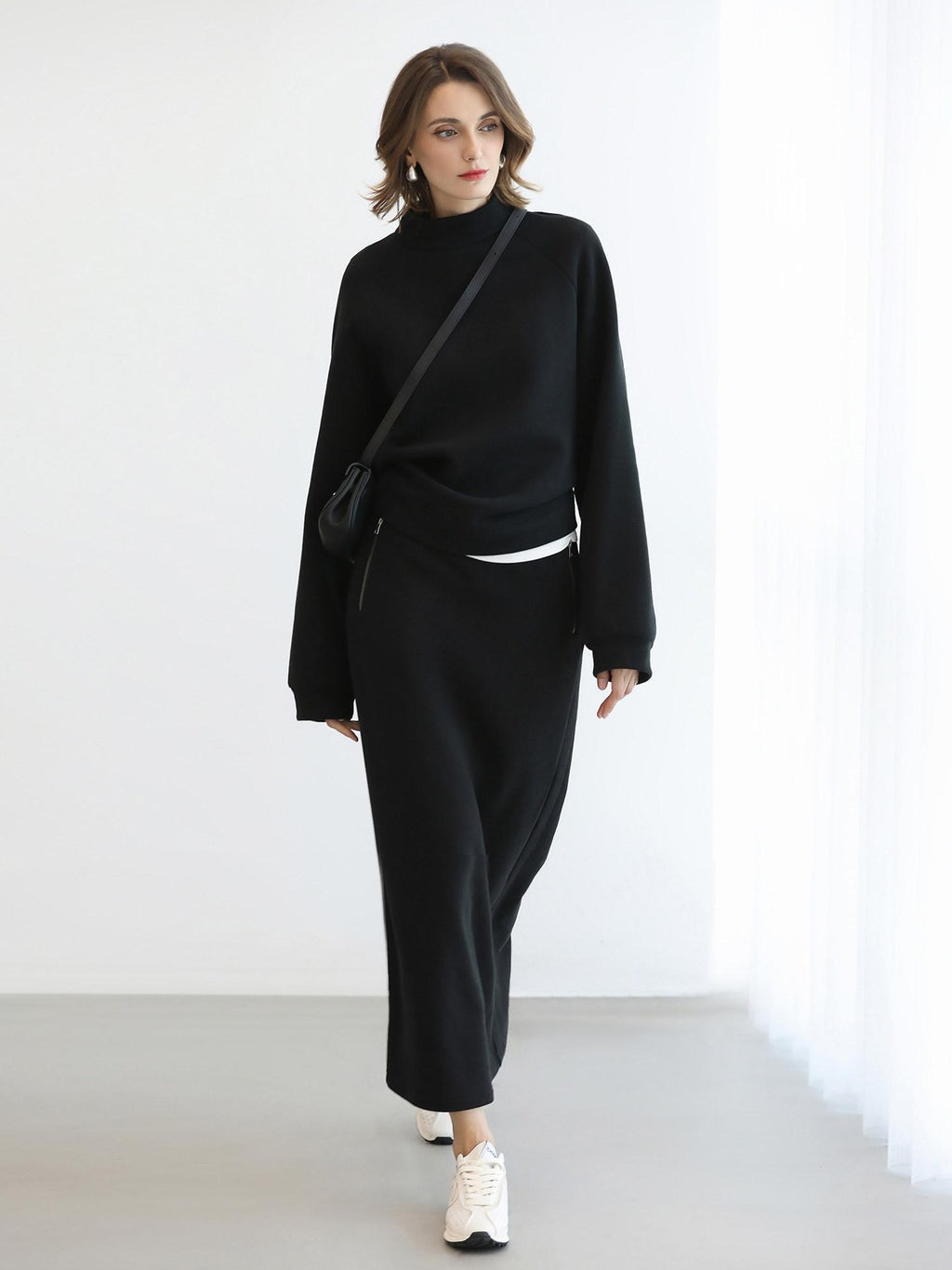 COCOBELLA Thermal Cotton Blend Zipper Mid Waist Straight Office Women Black Skirts