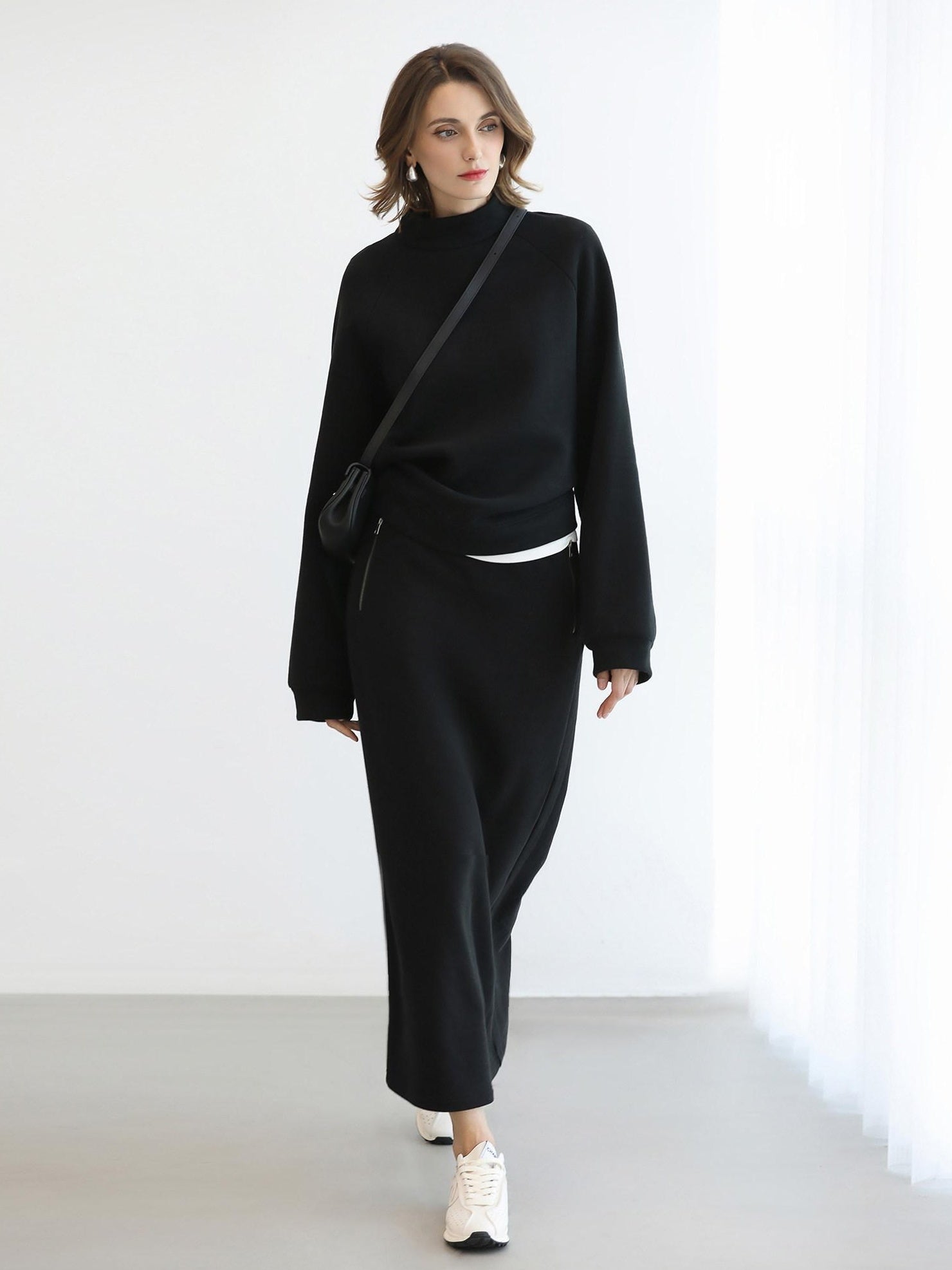 COCOBELLA Thermal Cotton Blend Zipper Mid Waist Straight Office Women Black Skirts