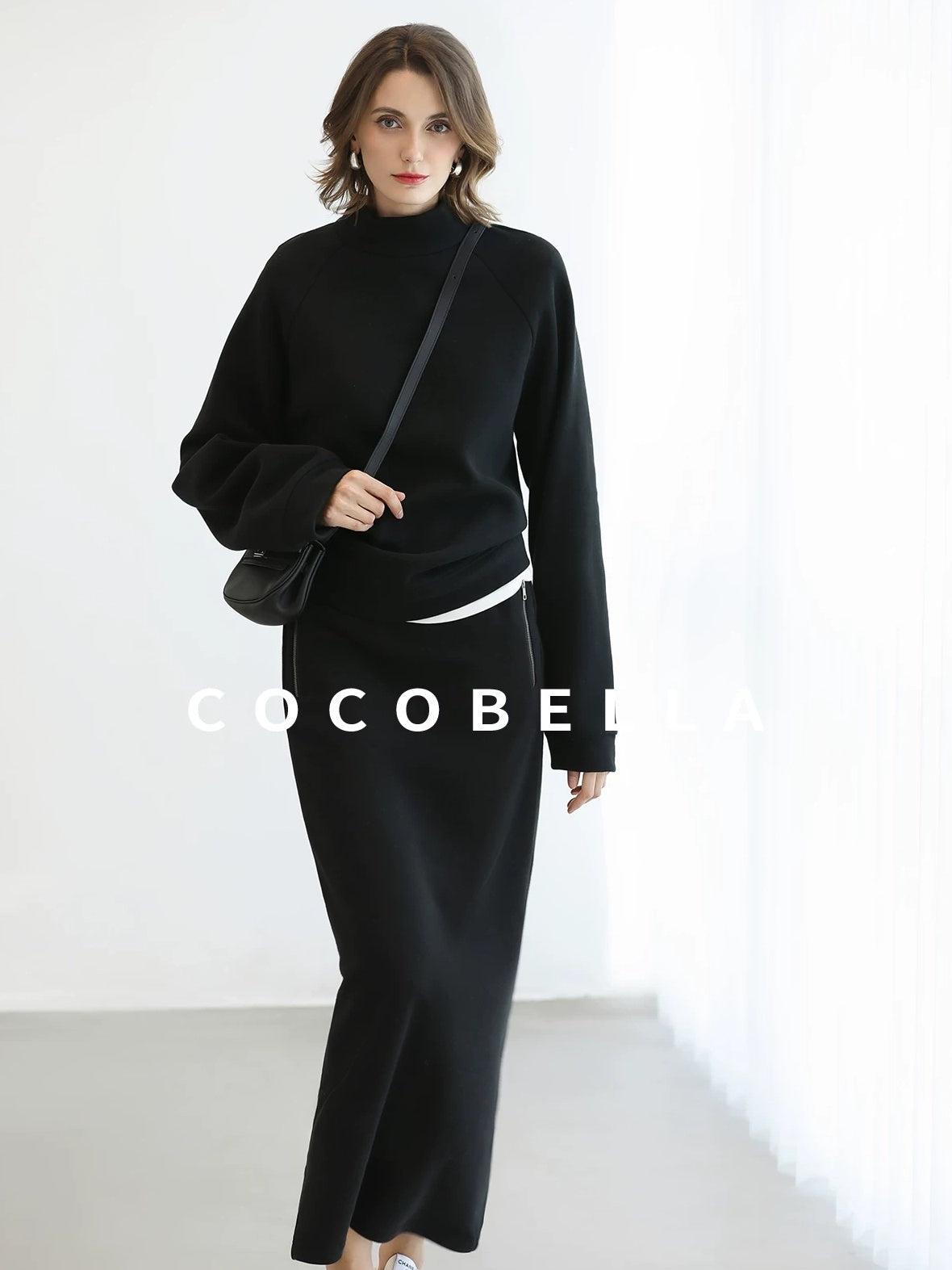 COCOBELLA Thermal Cotton Blend Zipper Mid Waist Straight Office Women Black Skirts