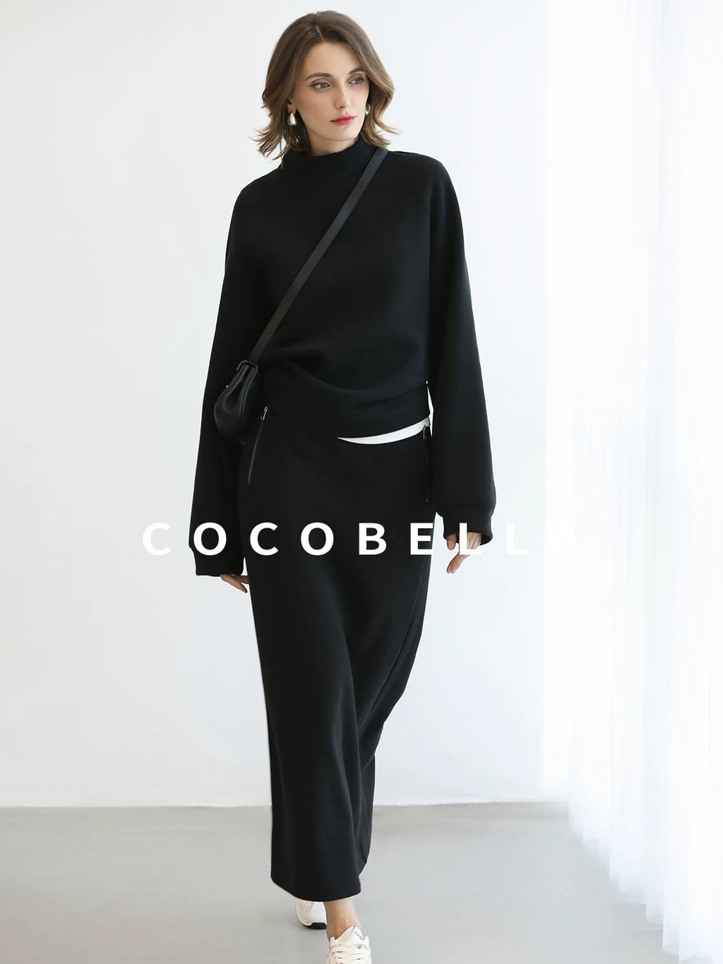 COCOBELLA Thermal Cotton Blend Zipper Mid Waist Straight Office Women Black Skirts