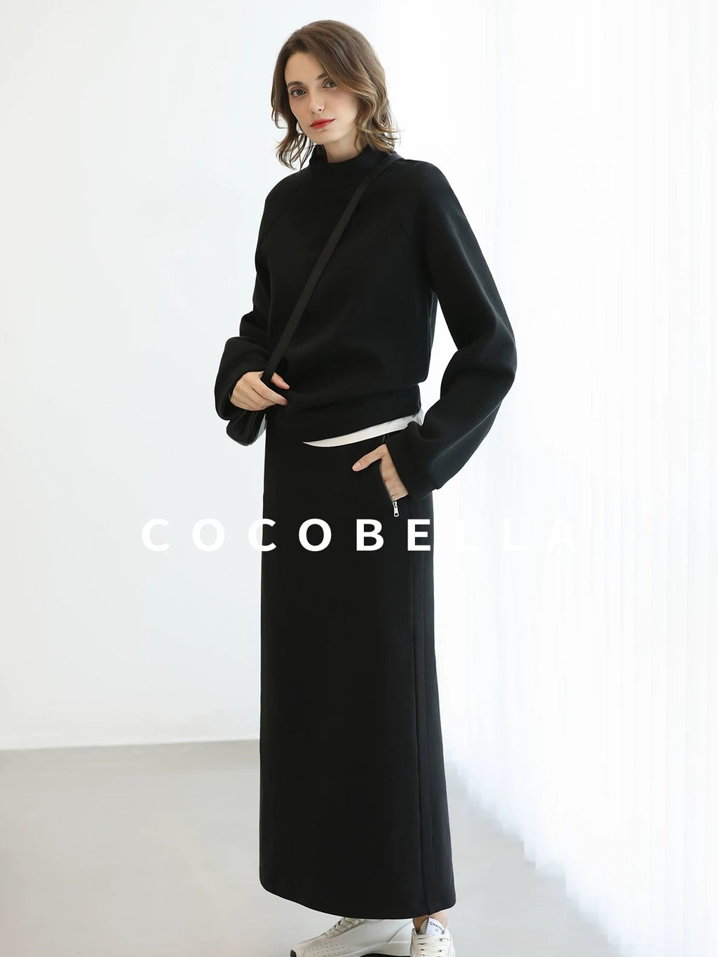 COCOBELLA Thermal Cotton Blend Zipper Mid Waist Straight Office Women Black Skirts