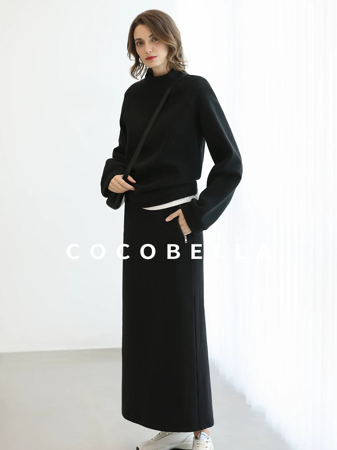 COCOBELLA Thermal Cotton Blend Zipper Mid Waist Straight Office Women Black Skirts