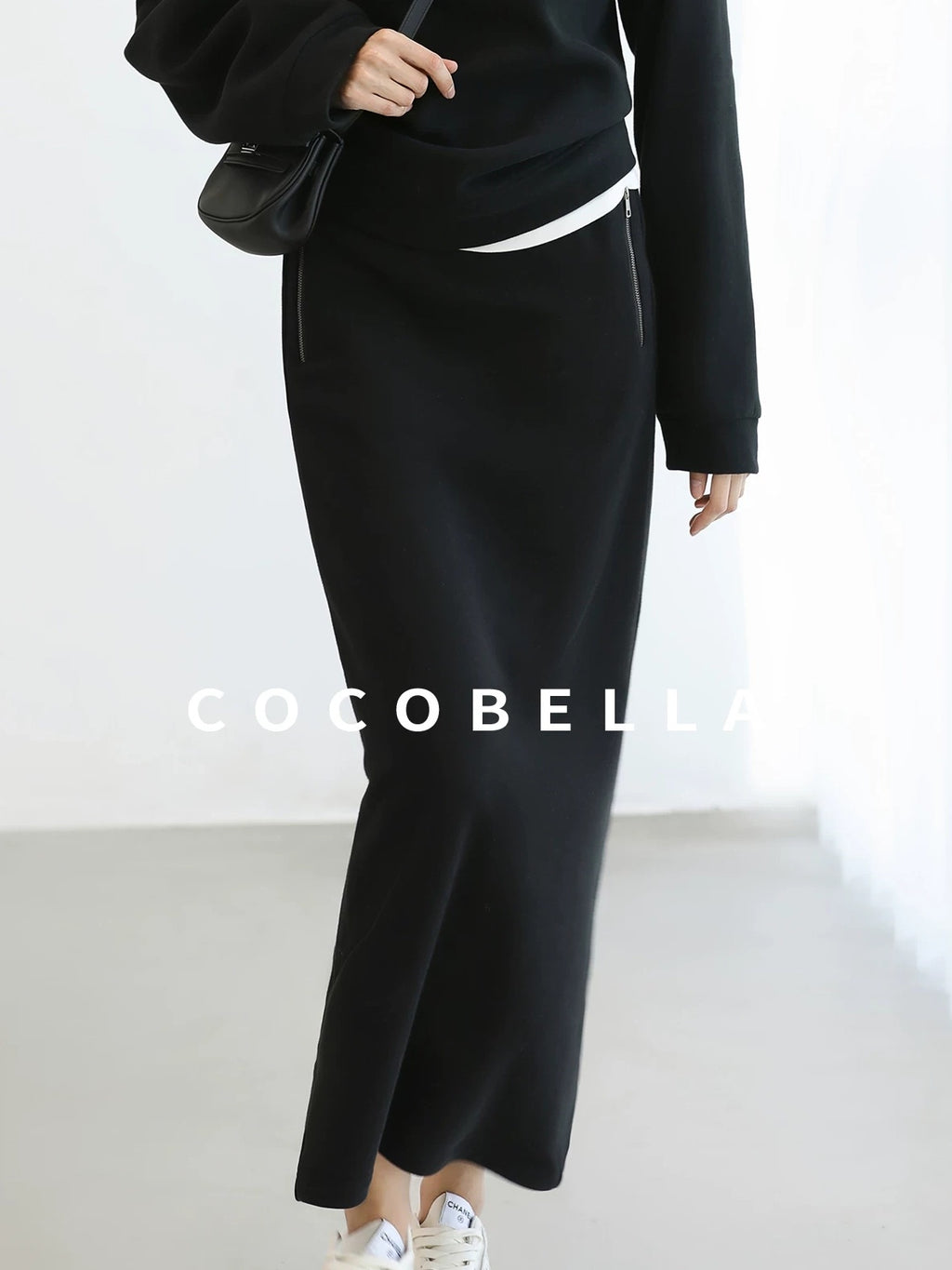 COCOBELLA Thermal Cotton Blend Zipper Mid Waist Straight Office Women Black Skirts