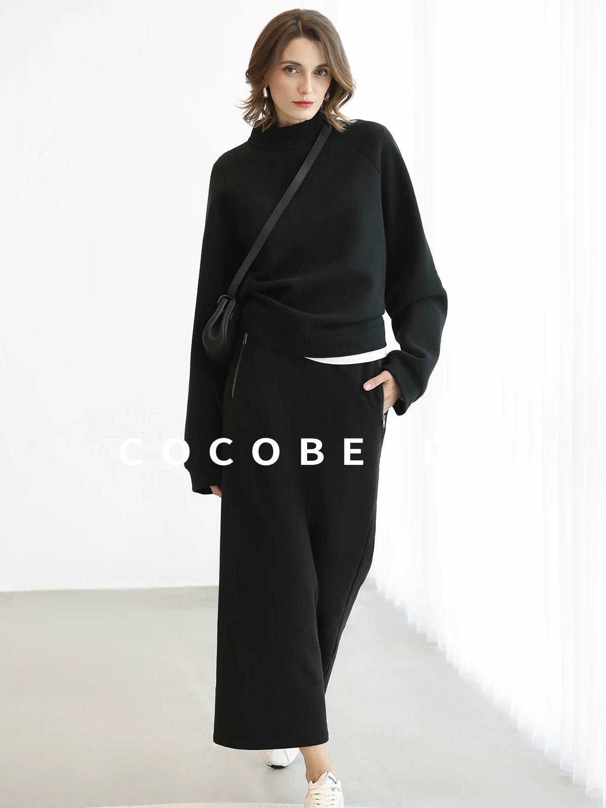 COCOBELLA Thermal Cotton Blend Zipper Mid Waist Straight Office Women Black Skirts