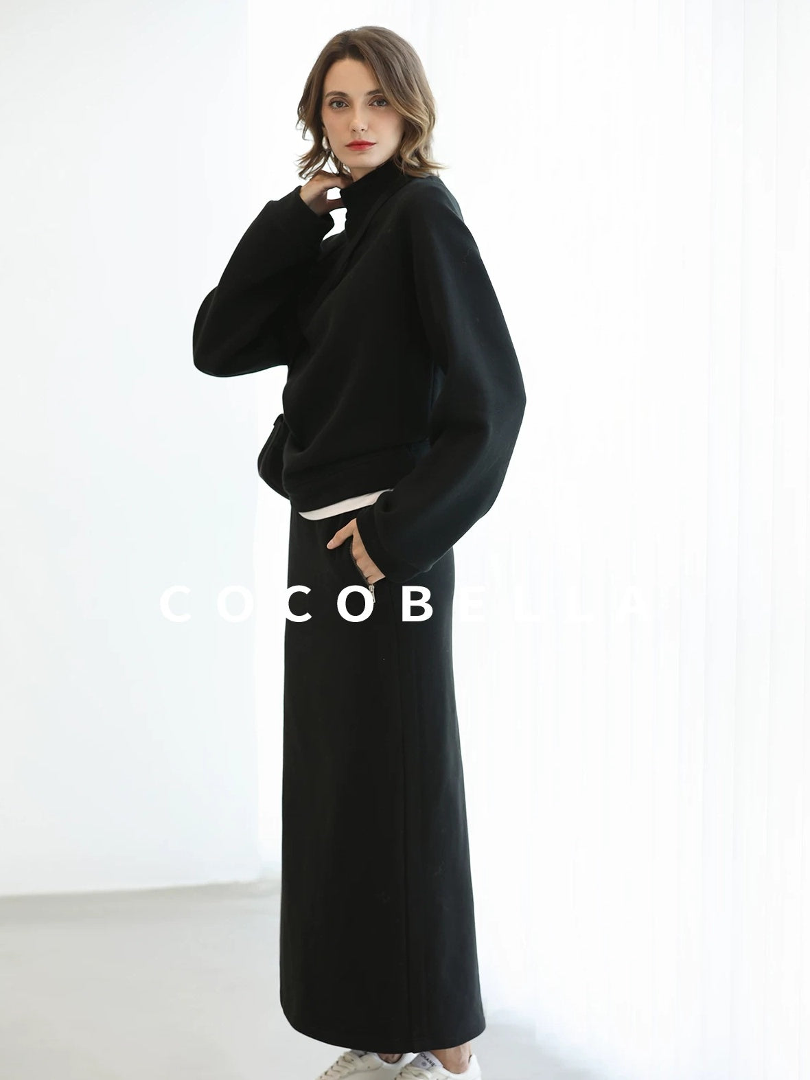 COCOBELLA Thermal Cotton Blend Zipper Mid Waist Straight Office Women Black Skirts