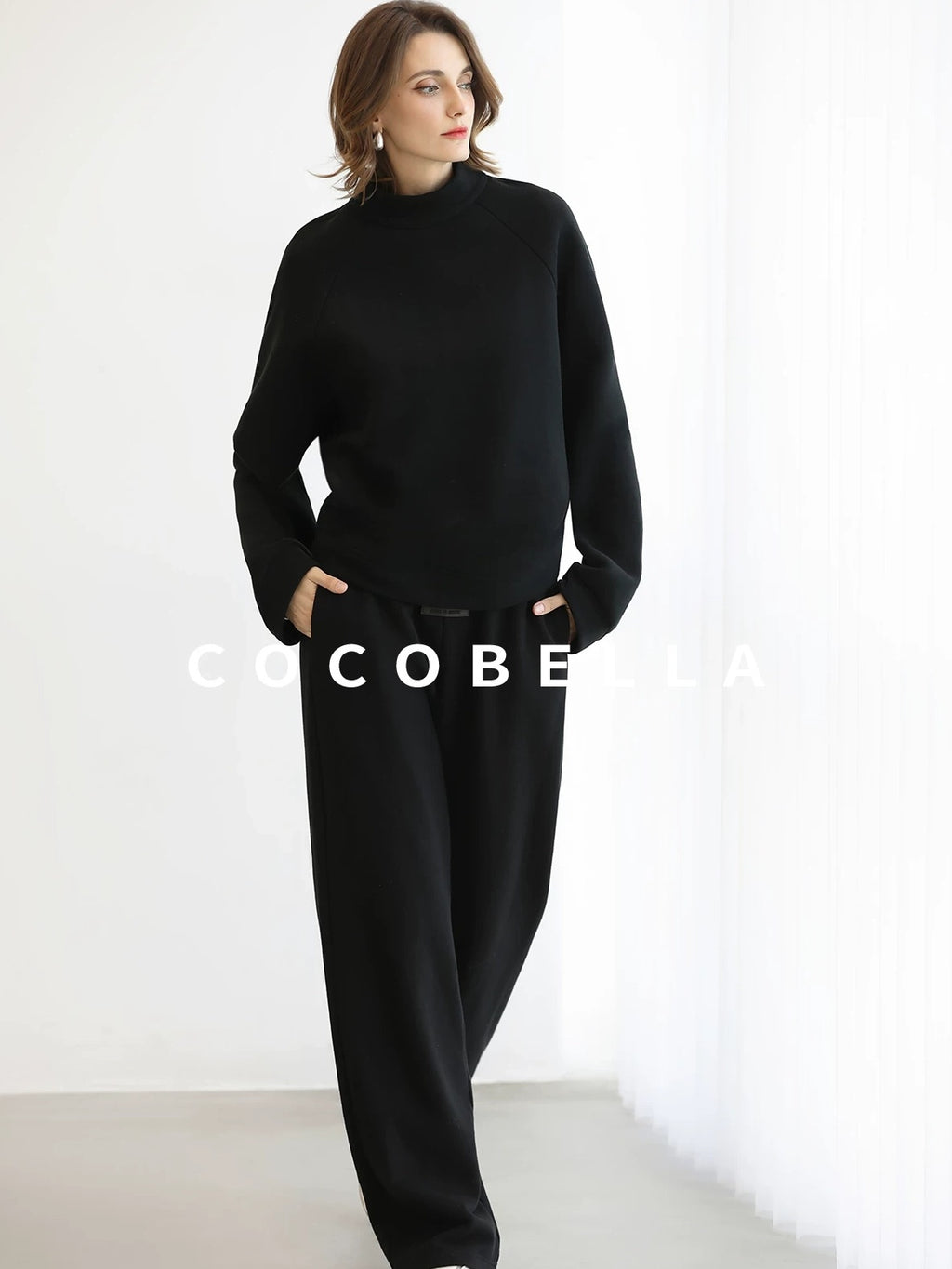 COCOBELLA Thermal High Stretch Wide Leg Natural Waist Office Women Cotton Black Pants