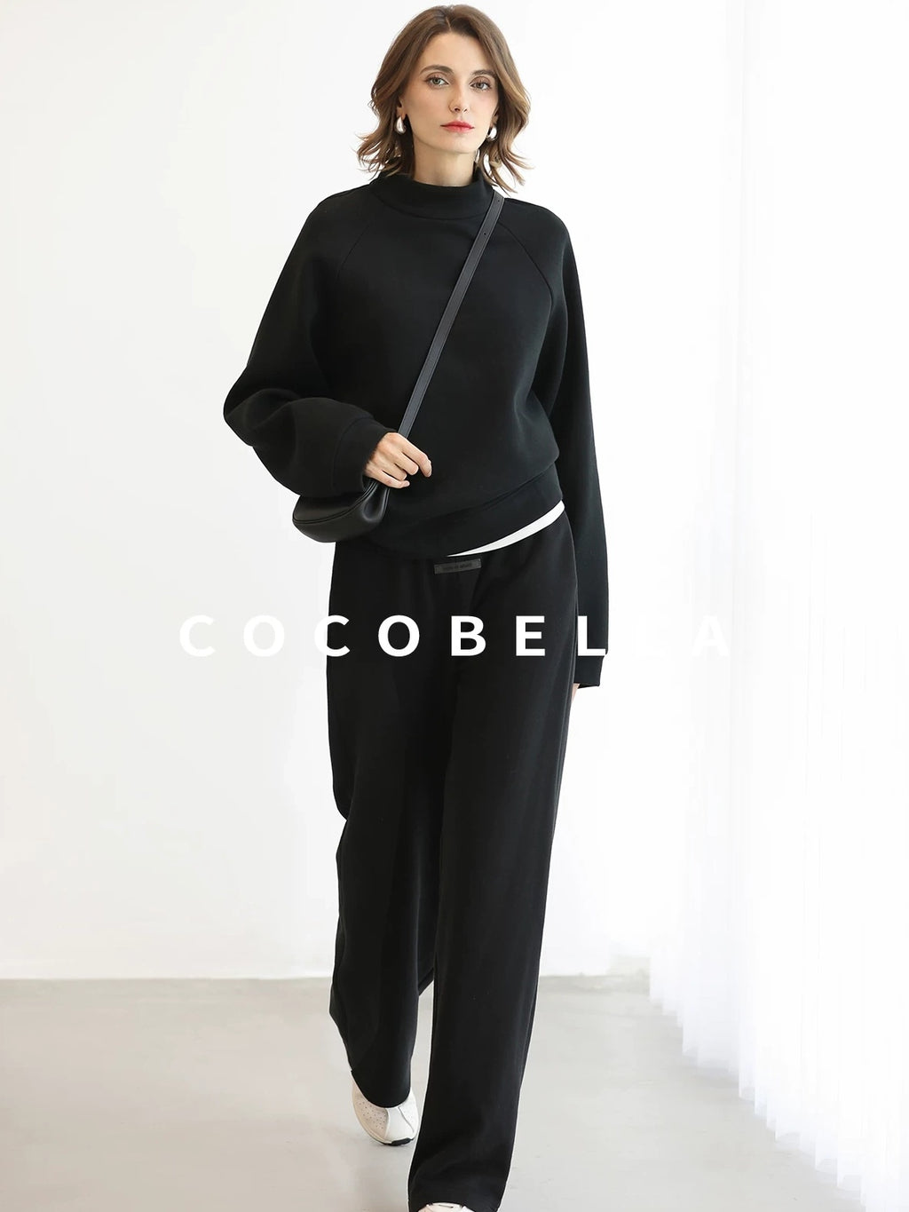 COCOBELLA Thermal High Stretch Wide Leg Natural Waist Office Women Cotton Black Pants