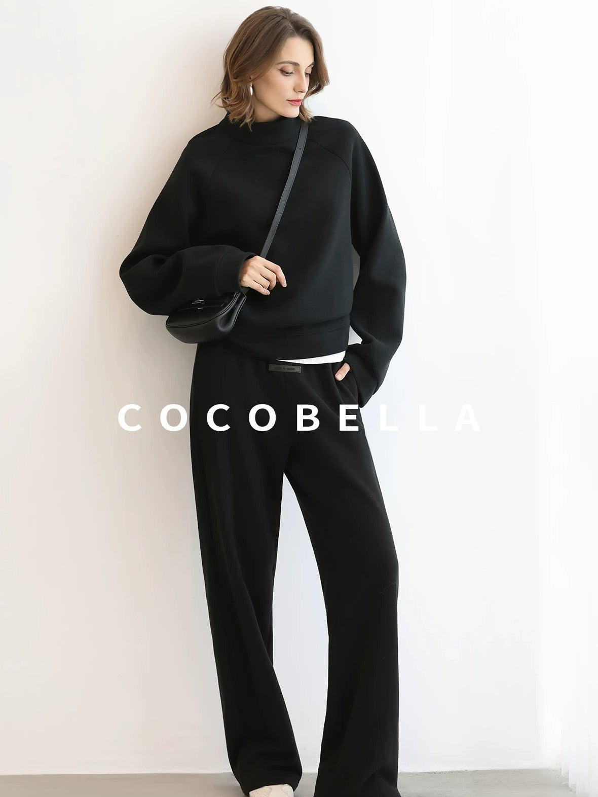 COCOBELLA Thermal High Stretch Wide Leg Natural Waist Office Women Cotton Black Pants