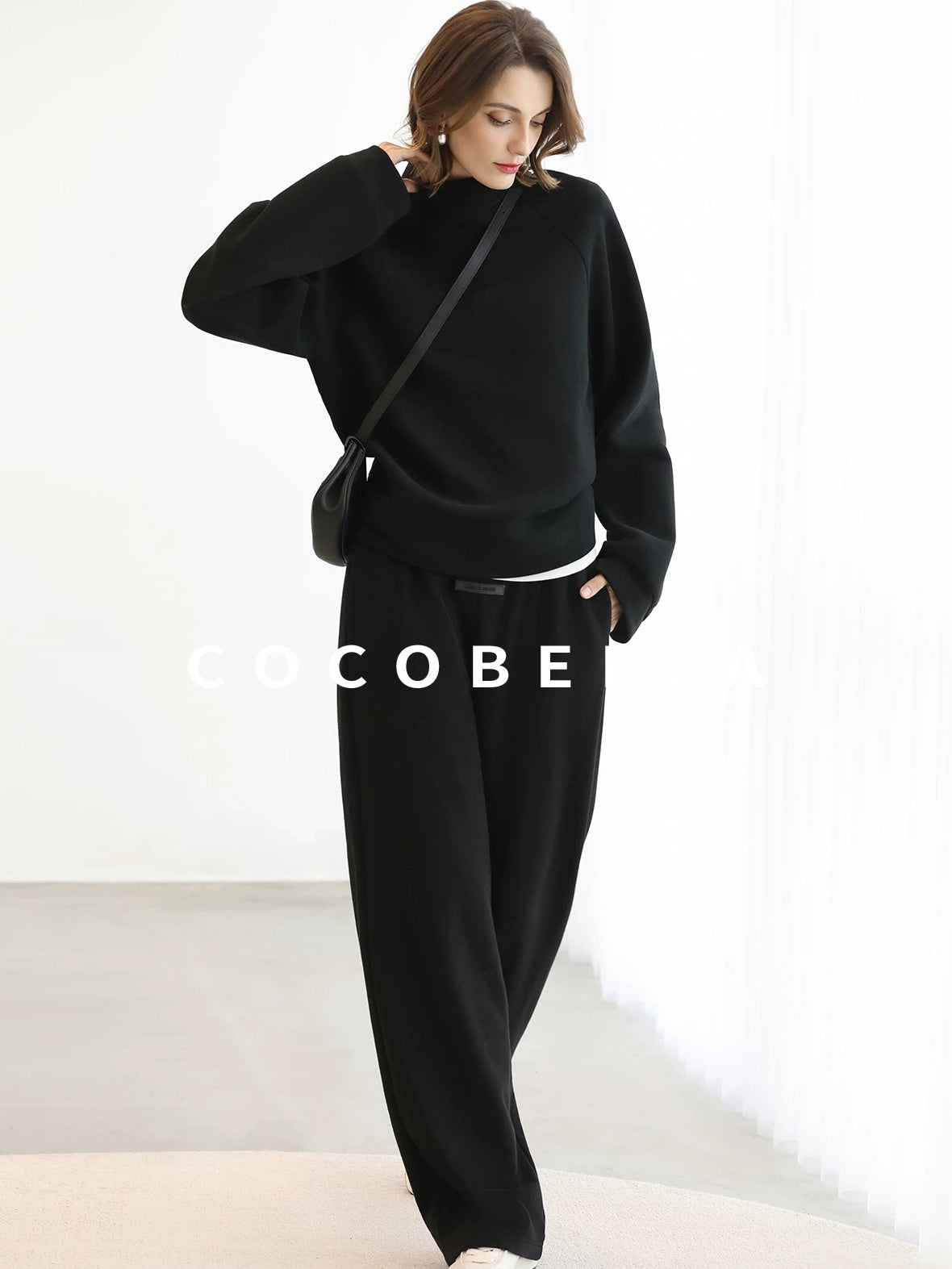 COCOBELLA Thermal High Stretch Wide Leg Natural Waist Office Women Cotton Black Pants