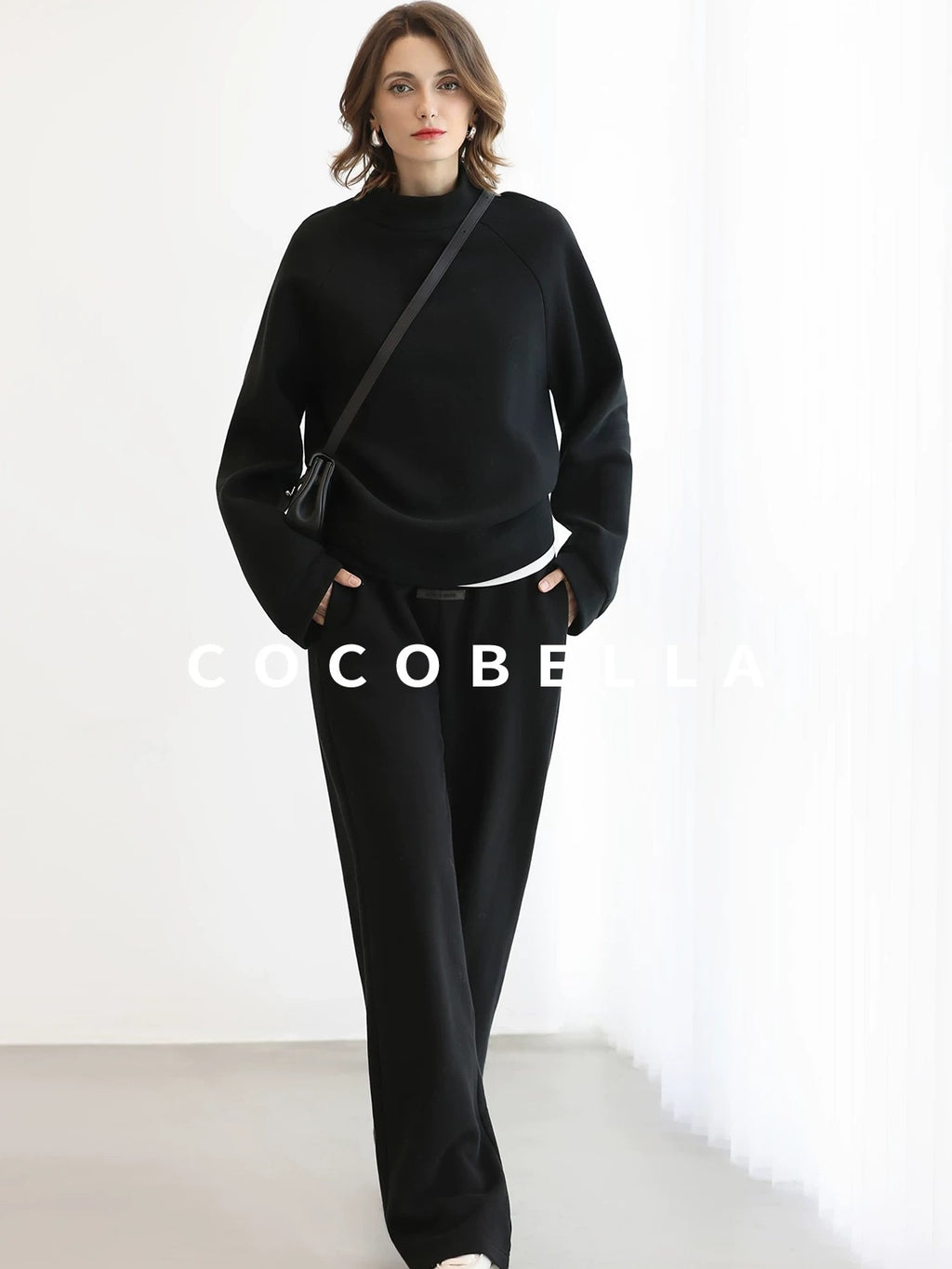 COCOBELLA Thermal High Stretch Wide Leg Natural Waist Office Women Cotton Black Pants