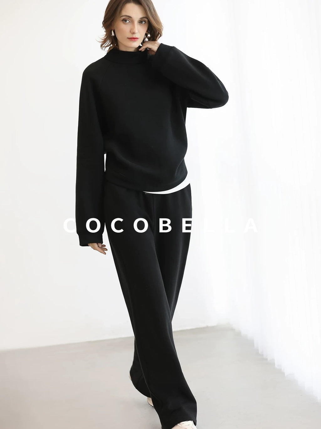 COCOBELLA Thermal High Stretch Wide Leg Natural Waist Office Women Cotton Black Pants