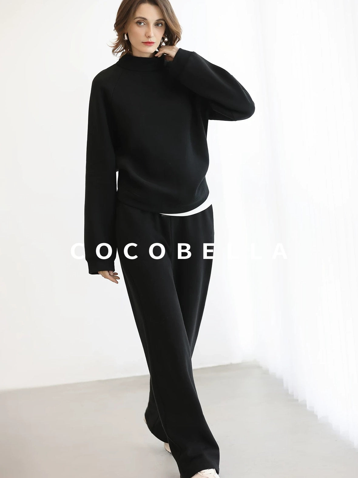 COCOBELLA Thermal High Stretch Wide Leg Natural Waist Office Women Cotton Black Pants