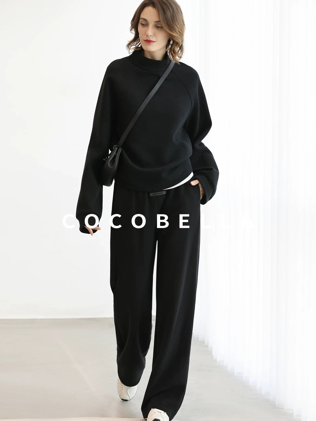 COCOBELLA Thermal High Stretch Wide Leg Natural Waist Office Women Cotton Black Pants