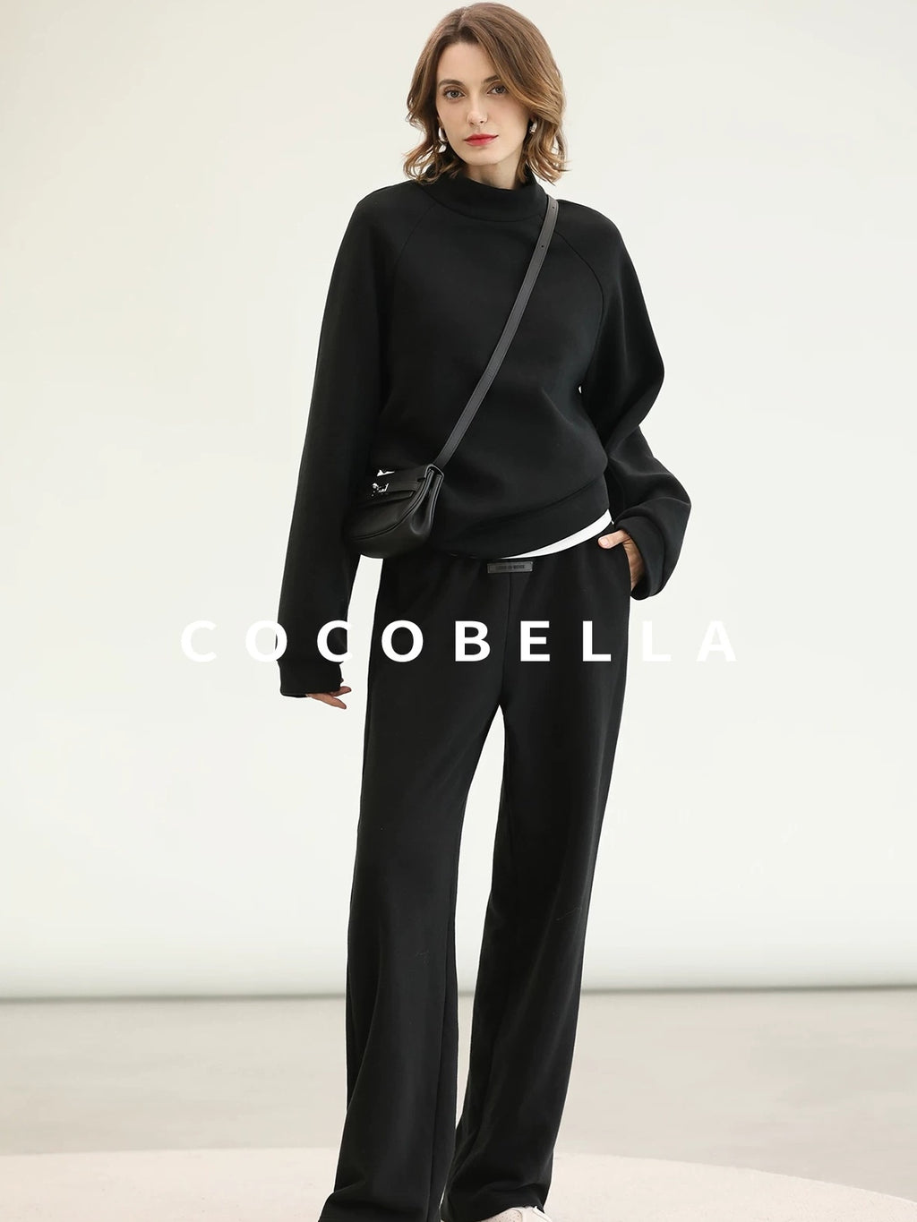 COCOBELLA Thermal High Stretch Wide Leg Natural Waist Office Women Cotton Black Pants