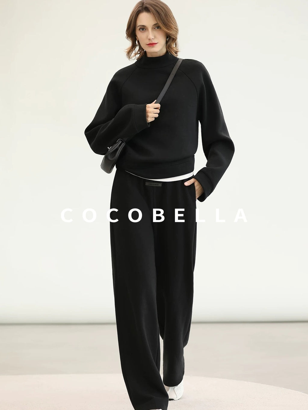 COCOBELLA Thermal High Stretch Wide Leg Natural Waist Office Women Cotton Black Pants