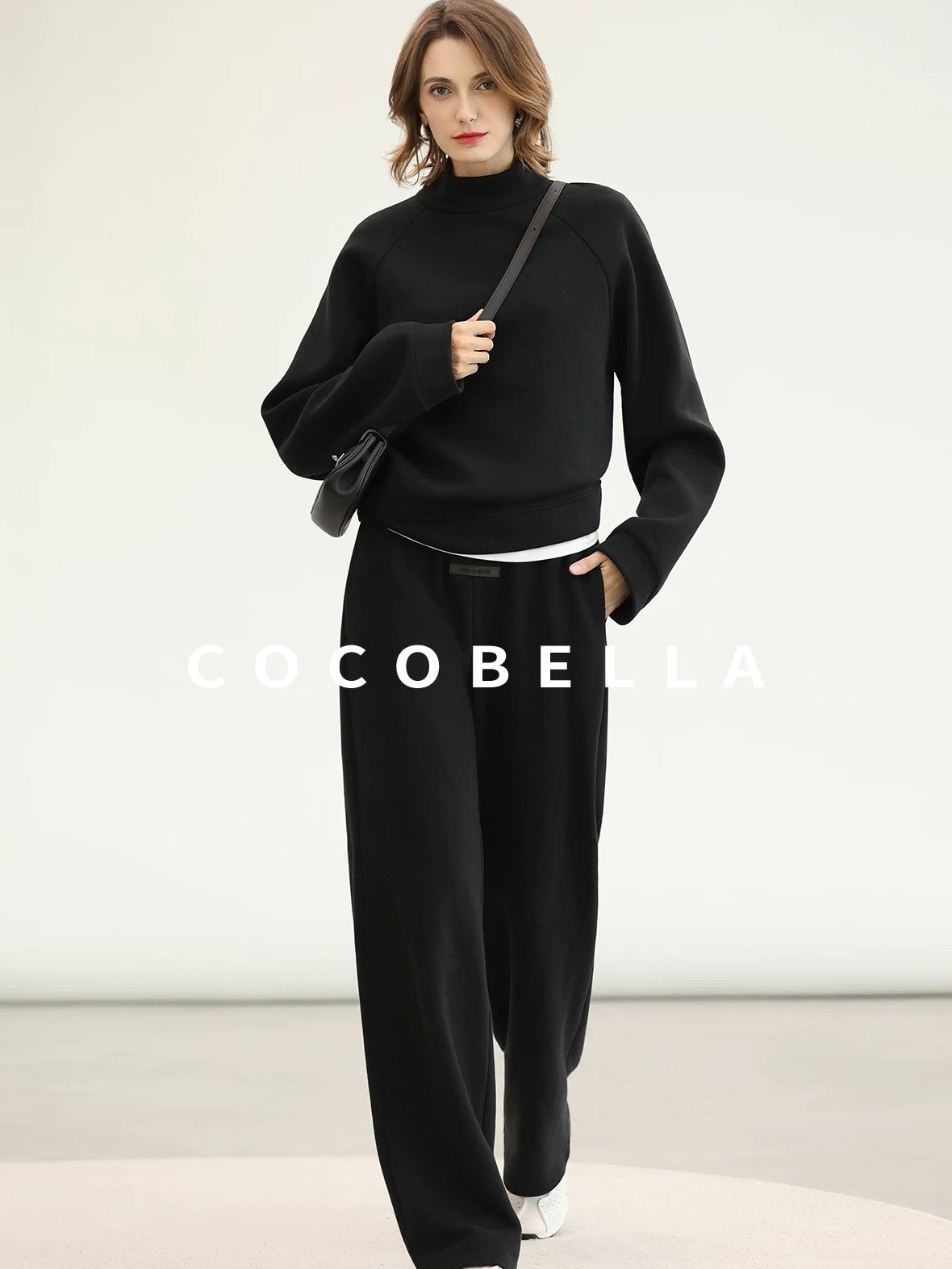COCOBELLA Thermal High Stretch Wide Leg Natural Waist Office Women Cotton Black Pants