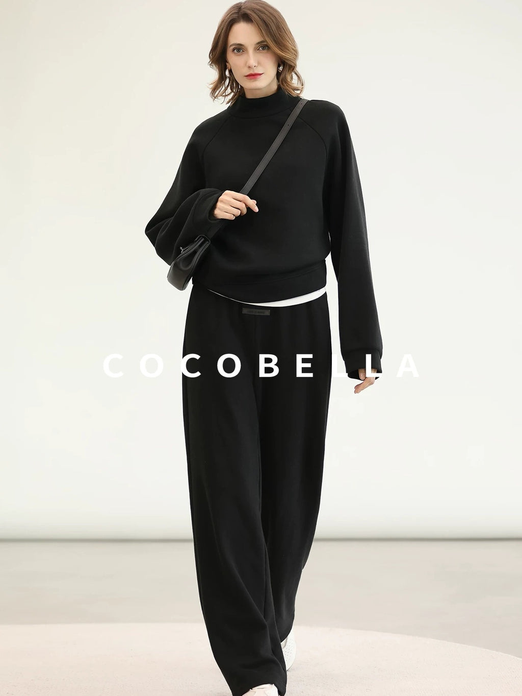 COCOBELLA Thermal High Stretch Wide Leg Natural Waist Office Women Cotton Black Pants