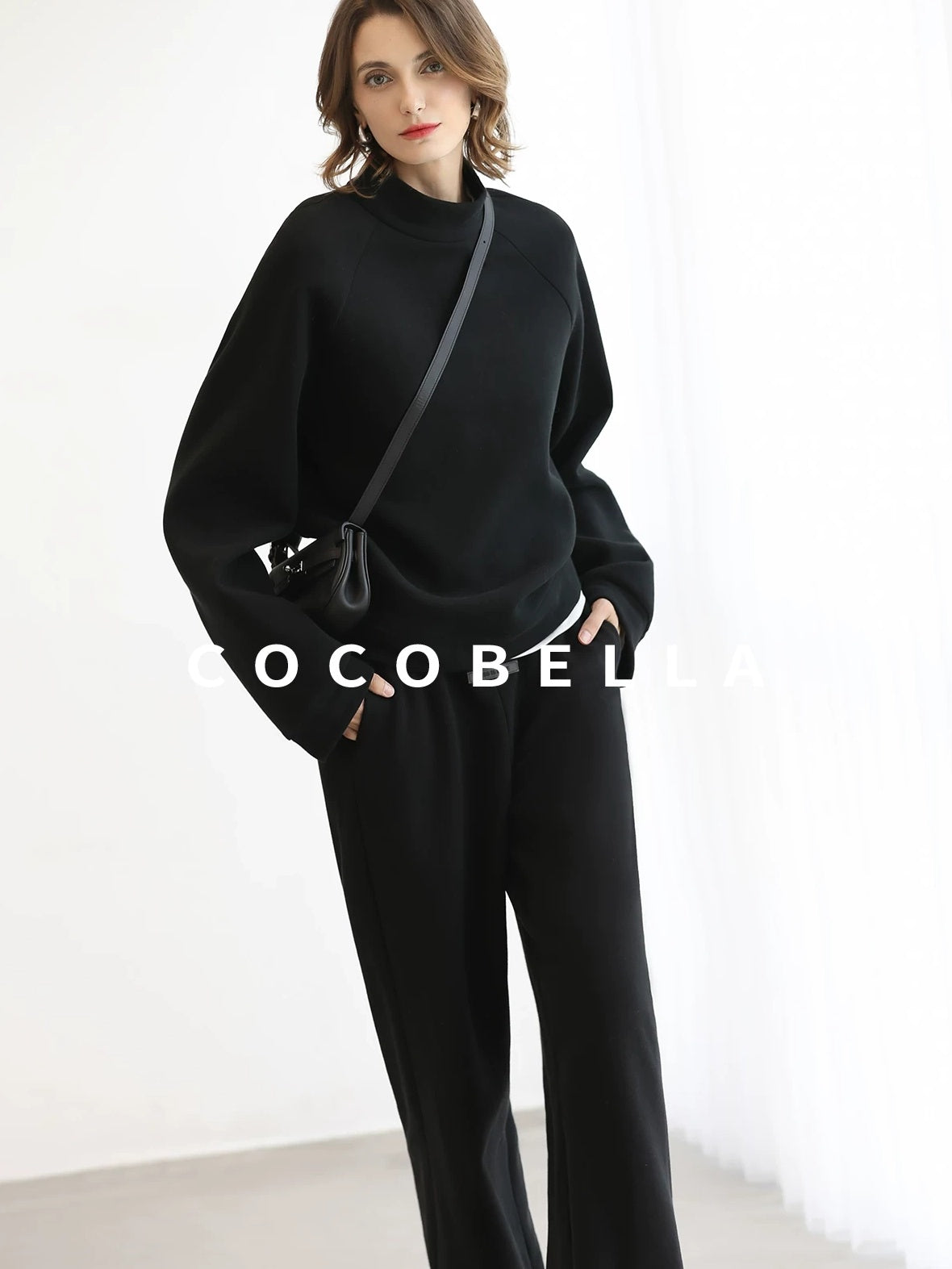 COCOBELLA Thermal High Stretch Wide Leg Natural Waist Office Women Cotton Black Pants